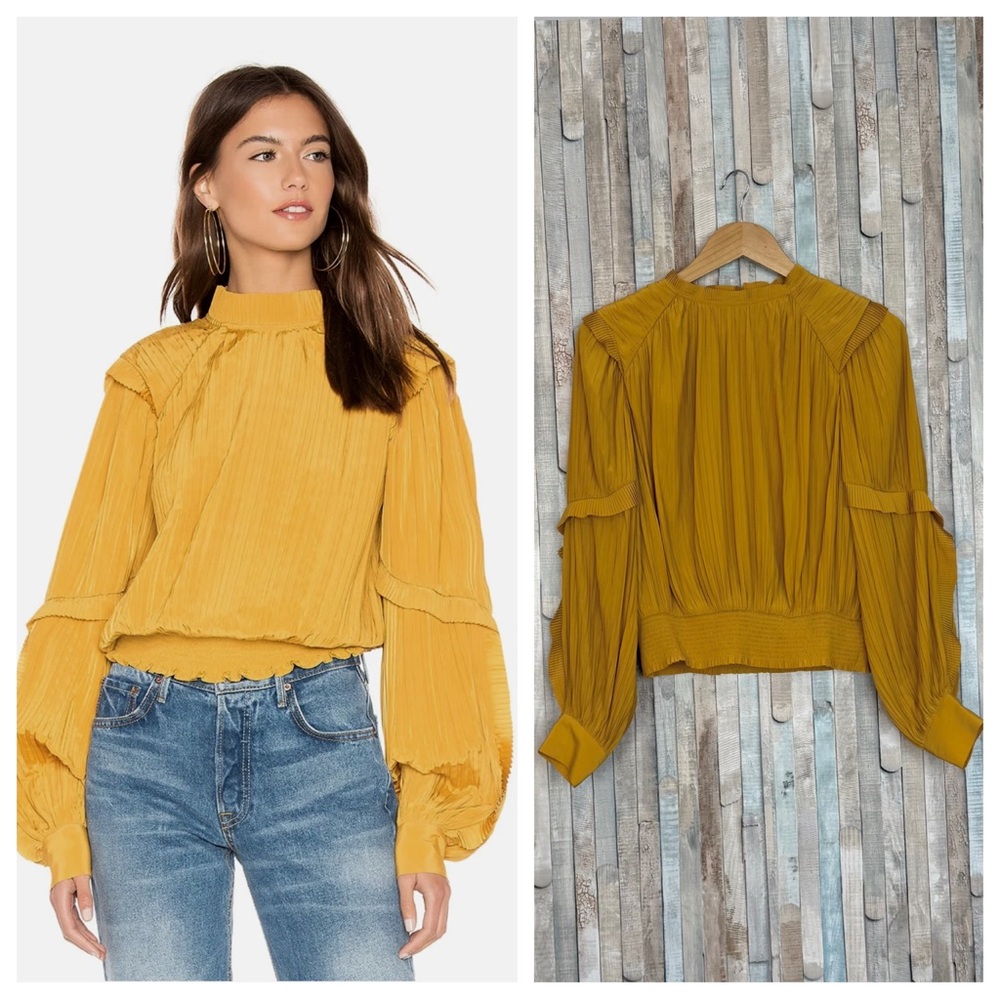 Joie S Chic Paityn Pleated Ruffled Smocked Blouse Top Dusty Gold Mustard Yellow